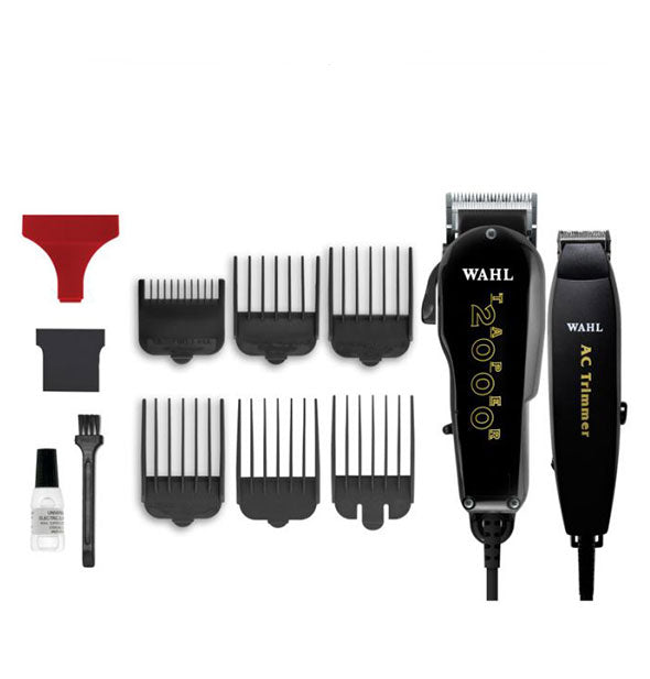 The included components of the Taper 2000 and AC Trimmer Wahl Essentials Set