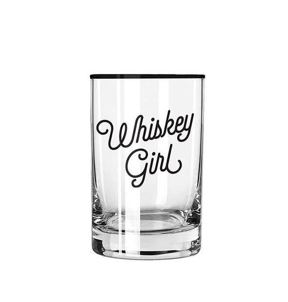 Clear rocks glass with black rim says, "Whiskey Girl" in black script