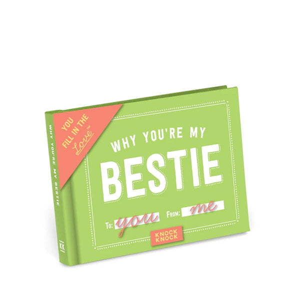 Green cover of Why You're My Bestie fill-in book with coral and white design elements