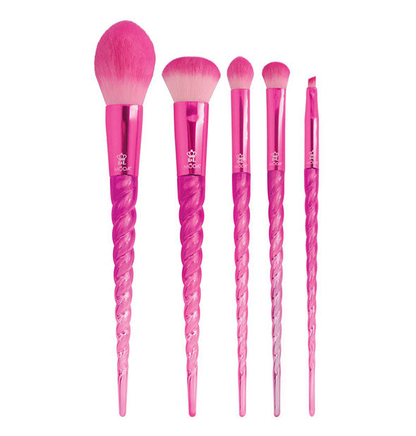 Five pink makeup brushes with unicorn horn-shaped handles