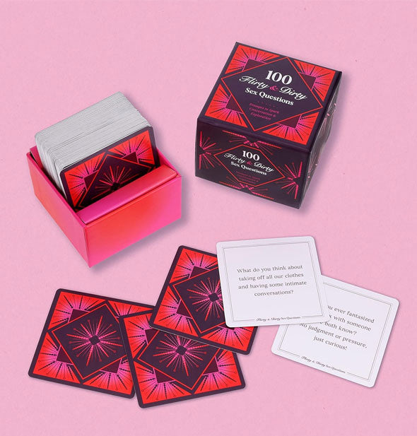 Box and contents of the 100 Flirty & Dirty Sex Questions game for adults and couples