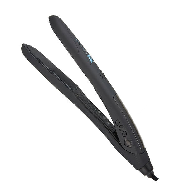Black, slightly curved styling iron with blue logo lettering
