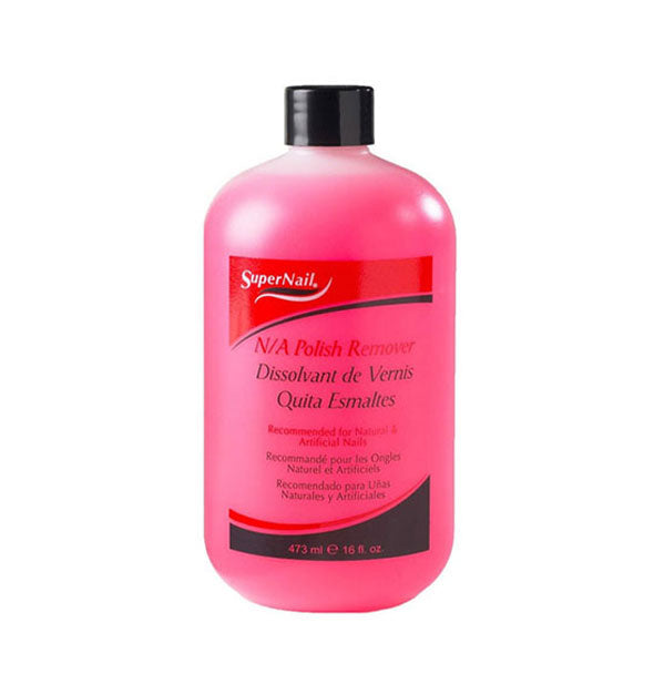 16 ounce bottle of pink SuperNail Non-Acetone Polish Remover with black print and cap