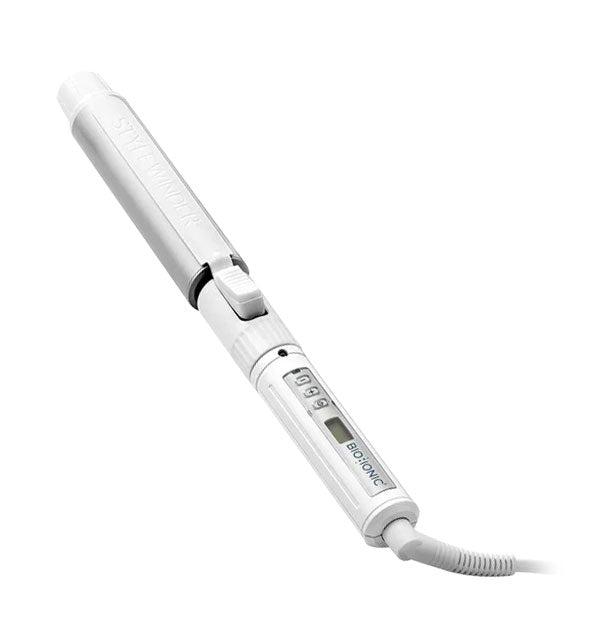 White Bio Ionic Stylewinder curling iron with 1-1/4 inch barrel