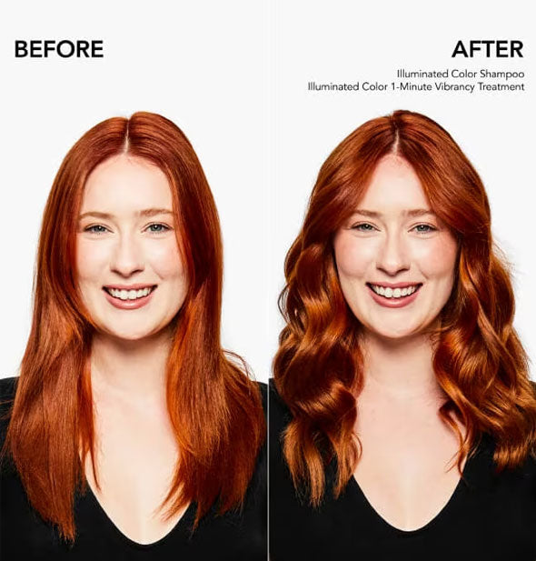 Side-by-side comparison of a model's hair before and after using Bumble and bumble Illuminated Color Shampoo and 1-Minute Vibrancy Treatment