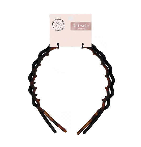 Two zigzag headbands, black and brown tortoise, attached to a pale pink Kitsch product card which features a recycle infographic