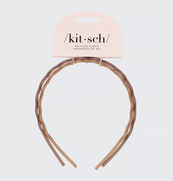 Set of two Recycled Plastic Headbands in shades of brown attached to a light pink Kitsch product card