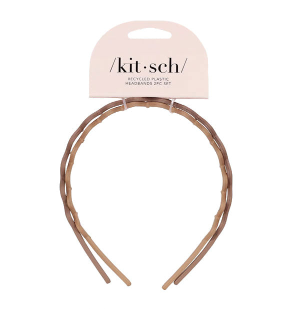 Set of two Recycled Plastic Headbands in shades of brown attached to a light pink Kitsch product card