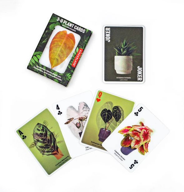 Sample hand of playing cards featuring lenticular images of houseplants plus a Joker and their box packaging