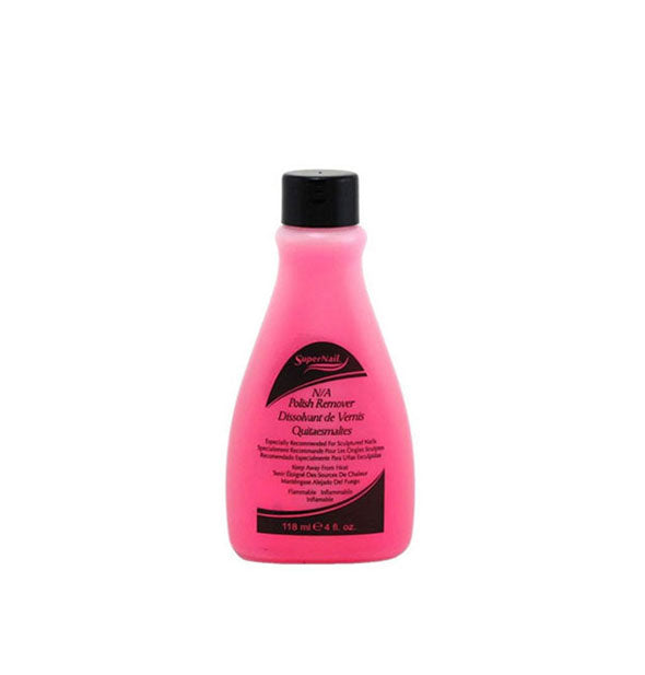 4 ounce bottle of pink SuperNail Non-Acetone Polish Remover with black print and cap