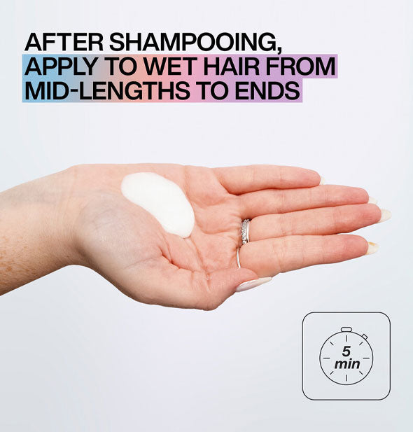 Model's hand holds an application of Redken Acidic Bonding Concentrate 5-Min Liquid Mask under the caption, "After shampooing, apply to wet hair from mid-lengths to ends" and above a 5 minute timer infographic