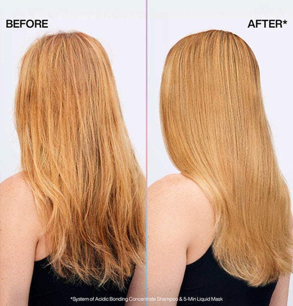 Side-by-side comparison of model's hair before and after using a system of Acidic Bonding Concentrate Shampoo and 5-Min Liquid Mask