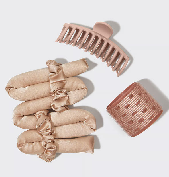 Contents of the Satin Heatless Styling Set: fabric roller with scrunchies, claw clip, and self-gripping ceramic roller