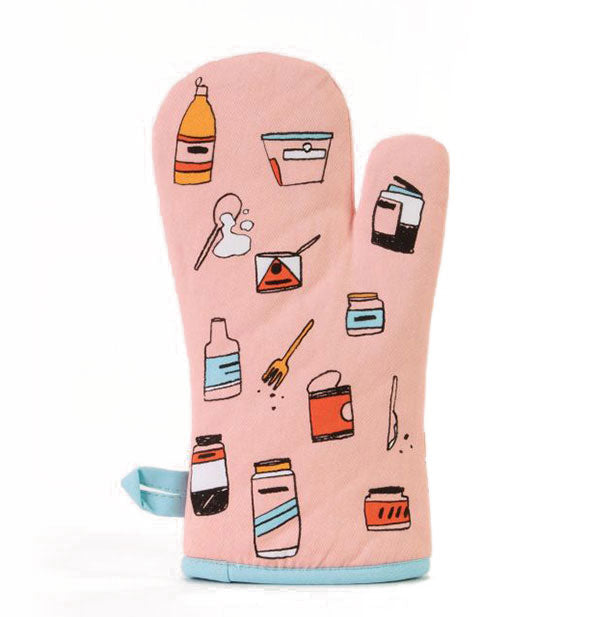 Pink oven mitt with blue piping and illustrations of condiments and utensils all over