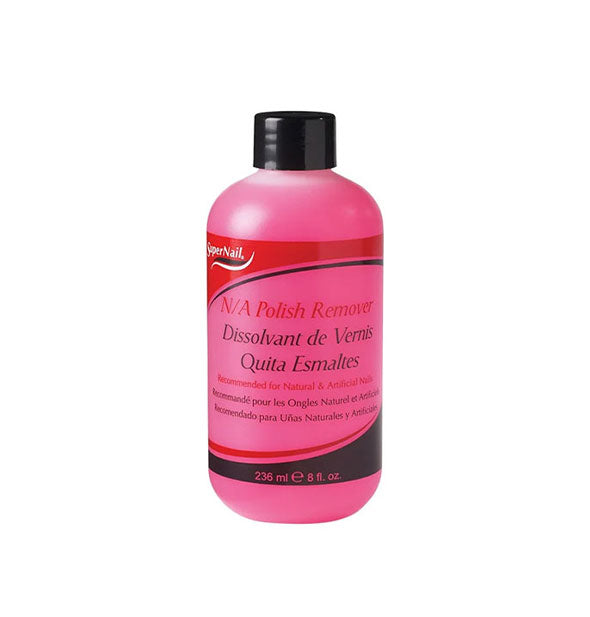 8 ounce bottle of pink SuperNail Non-Acetone Polish Remover with black print and cap