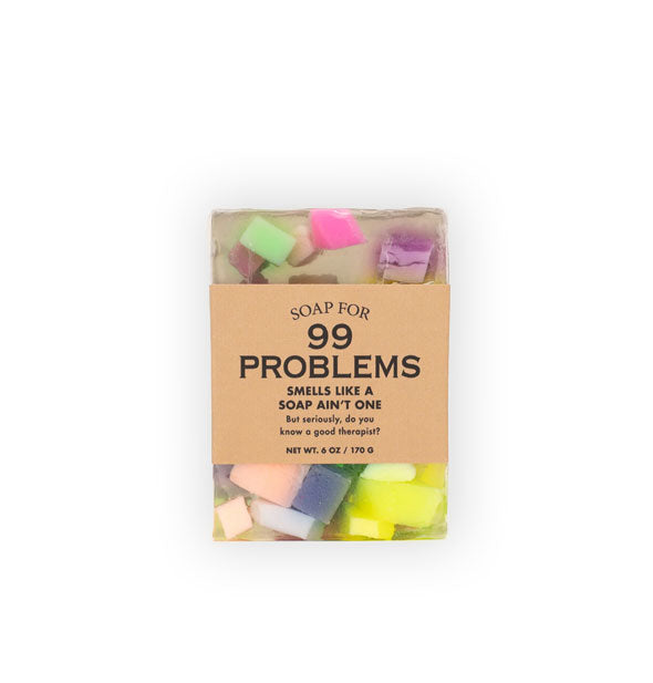 Bar of Soap for 99 Problems (Smells Like A Soap Ain't One) has multicolored flecks throughout and is wrapped in brown paper with black lettering
