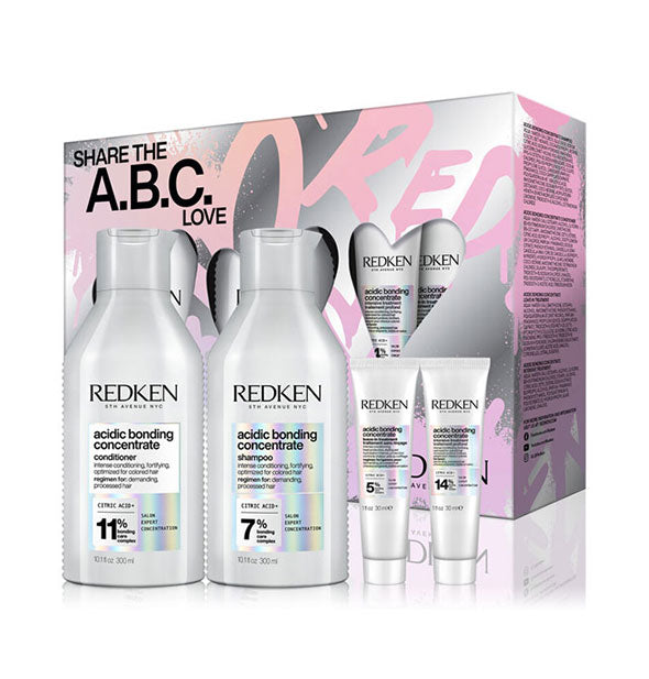 Redken Share the A.B.C. Love kit box with contents: Acidic Bonding Concentrate Conditioner, Acidic Bonding Concentrate Shampoo, Acidic Bonding Concentrate Leave-In Treatment mini, and Acidic Bonding Concentrate Intensive Treatment mini