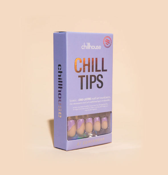 Box of Chillhouse Chill Tips press on nails with metallic lavender French manicure design visible through packaging window