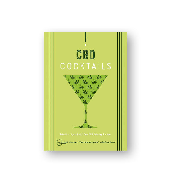 Green cover of CBD Cocktails with marijuana leaf-print martini glass illustration
