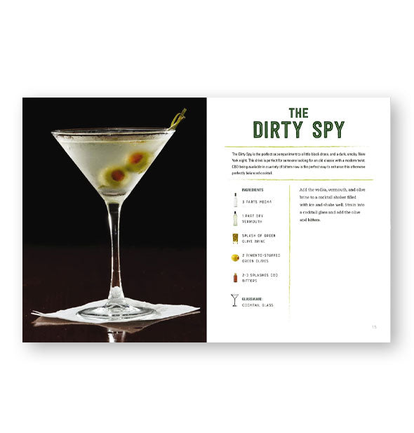 Page spread from CBD Cocktails features a recipe with photograph of The Dirty Spy