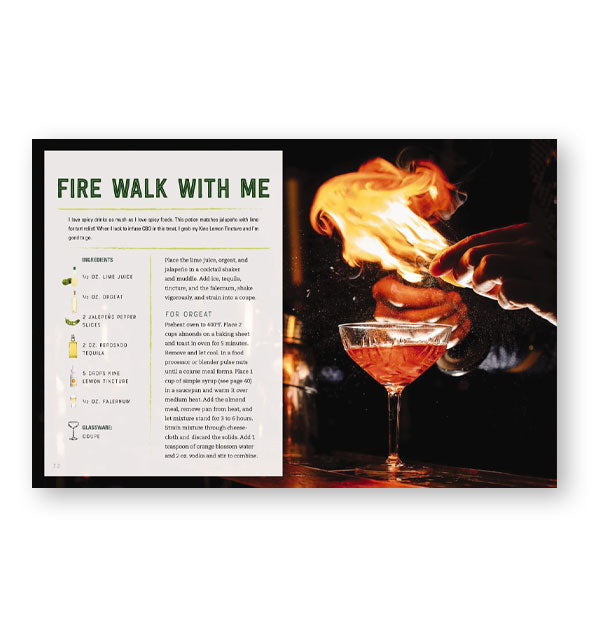 Page spread from CBD Cocktails features a recipe with photograph of Fire Walk With Me