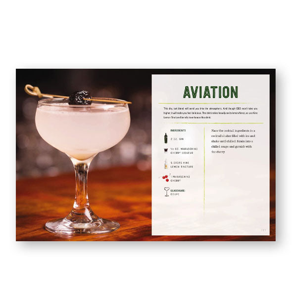 Page spread from CBD Cocktails features a recipe with photograph of Aviation
