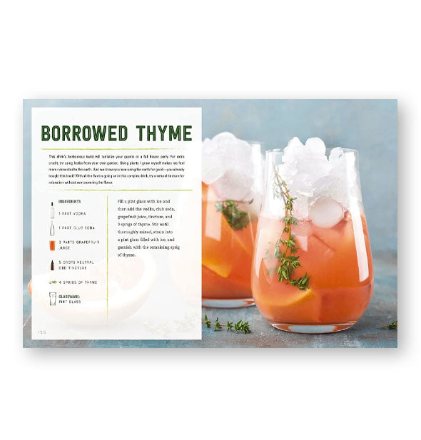 Page spread from CBD Cocktails features a recipe with photograph of Borrowed Thyme