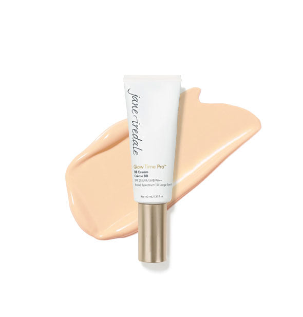 White tube of Jane Iredale Glow Time Pro BB Cream with gold cap is placed in front of an enlarged product application in shade GT1