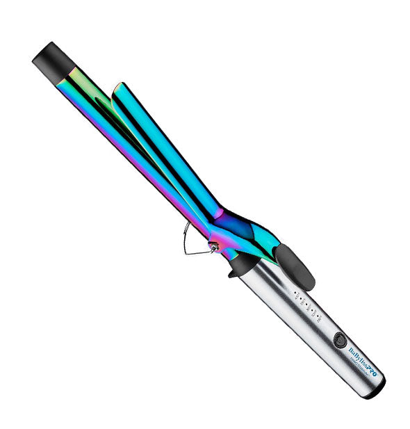BaBylissPRO curling iron with silver handle and rainbow iridescent barrel