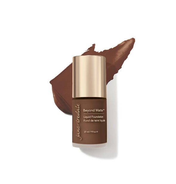 27 ml bottle of Jane Iredale Beyond Matte Liquid Foundation with sample application behind it in the shade M17