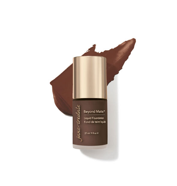 27 ml bottle of Jane Iredale Beyond Matte Liquid Foundation with sample application behind it in the shade M18