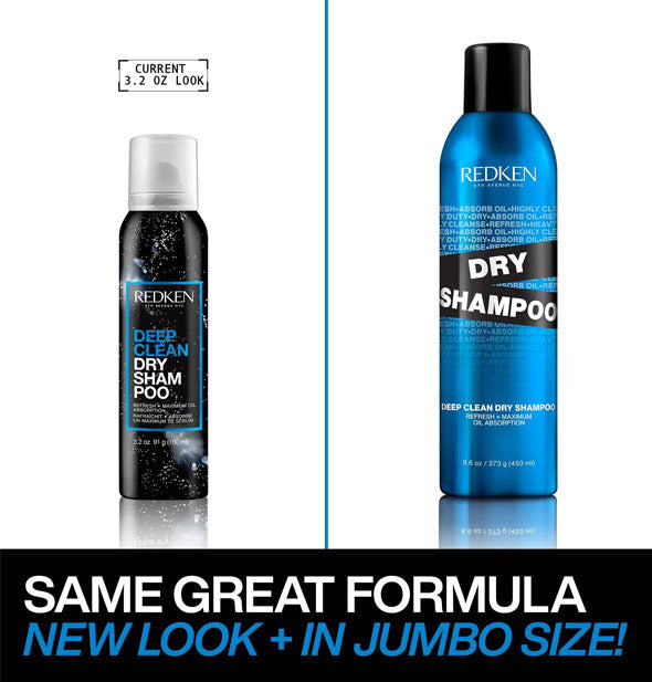 Comparison of previous Redken Deep Clean Dry Shampoo packaging is labeled, "Same great formula; New look + in jumbo size!"