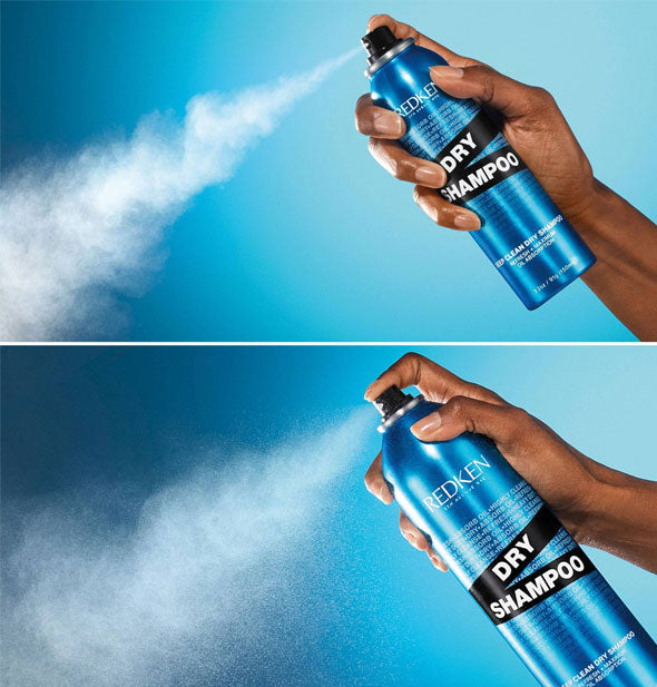 Side-by-side photos of model's hand dispensing fine white plumes of Redken Dry Shampoo from both a small and large can