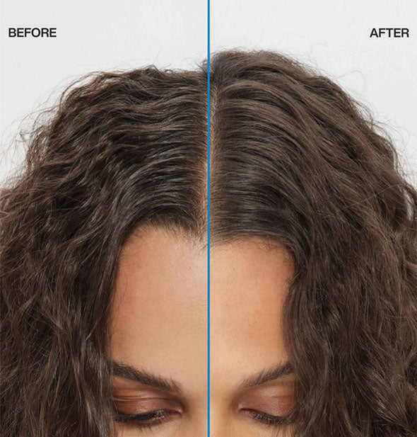 Side-by-side comparison of model's roots before and after using Redken Deep Clean Dry Shampoo