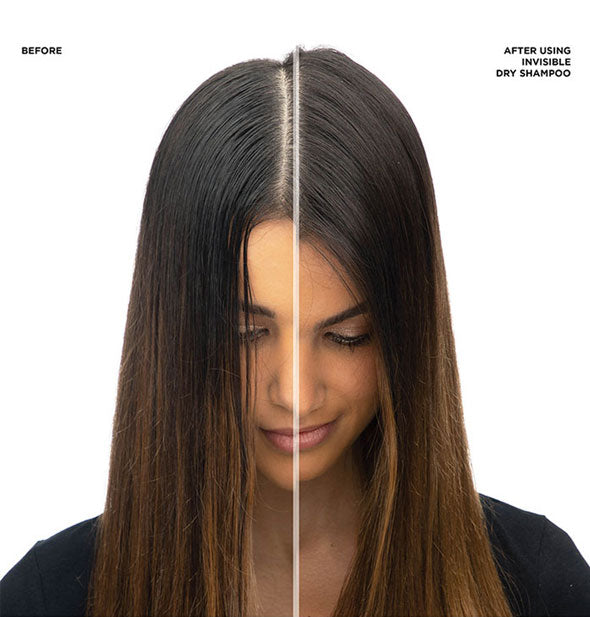 Side-by-side comparison of model's hair before and after using Redken Invisible Dry Shampoo