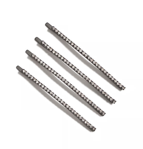 Four hematite hair pins accented with lines of rhinestones