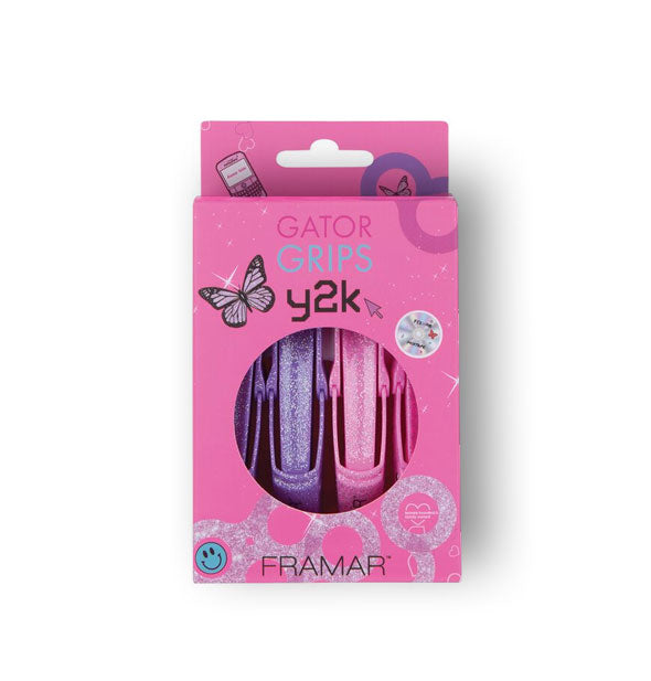 Gator Grips Y2K hair clips in pink and purple glitter finishes are partially visible through a round window on Framar packaging