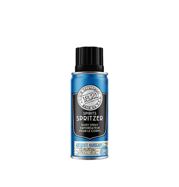 3.4 ounce blue, black, and white can of 18.21 Man Made Spirits Spritzer Body Spray in Absolute Mahogany fragrance