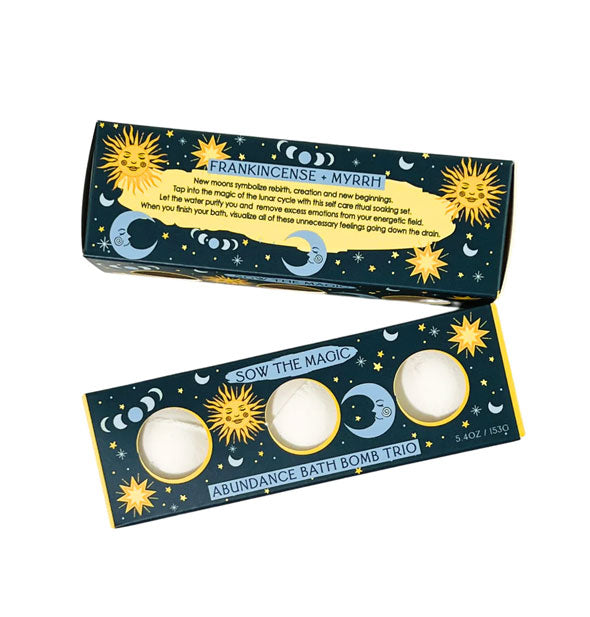 Sow the Magic Abundance Bath Bomb Trio box front and back with scent description, both featuring celestial designs