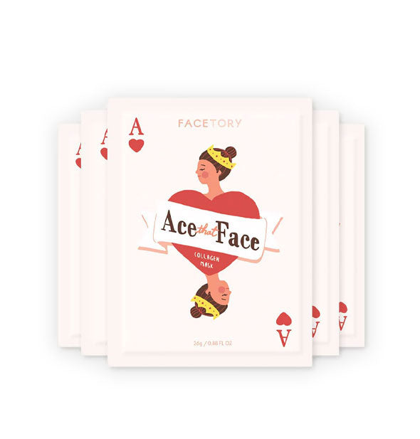 White packets of FaceTory Ace That Face mask with playing card-themed ace of hearts design