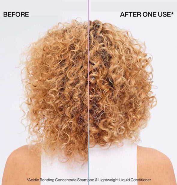 Side-by side comparison of model's hair before and after one use of Redken Acidic Bonding Concentrate Lightweight Liquid Conditioner