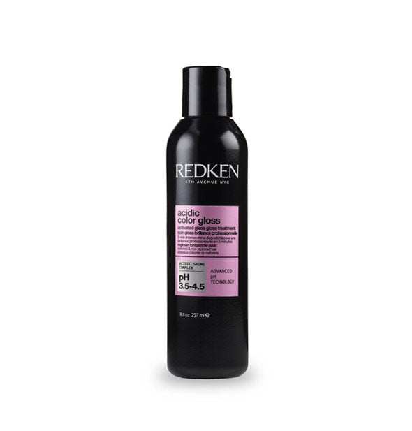 Black 8 ounce bottle of Redken Acidic Color Gloss Activated Glass Gloss Treatment with pink label