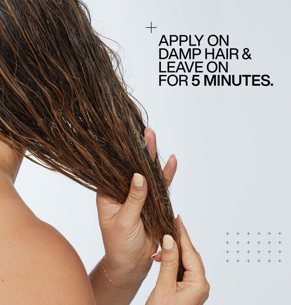 Model runs product through damp hair alongside the caption, "Apply on damp hair & leave on for 5 minutes."