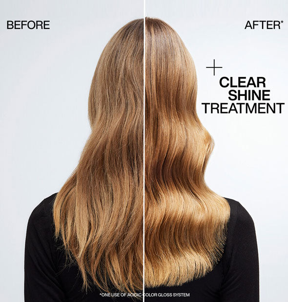 Side-by-side comparison of model's hair before and after one use of Acidic Color Gloss System is captioned, "Clear shine treamtent"
