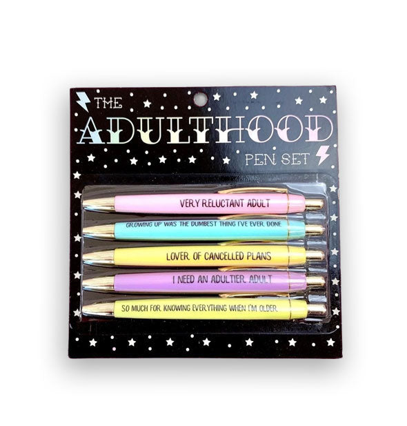 Set of 5 Adulthood pens with funny phrases on blister card packaging