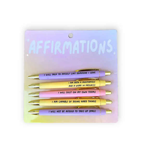 Pack of five pastel Affirmations pens printed with empowering phrases in black lettering