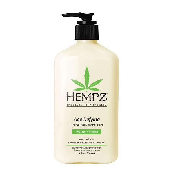 Pale yellow 17 ounce bottle of Hempz Age Defying Herbal Body Moisturizer with black and green lettering and design accents