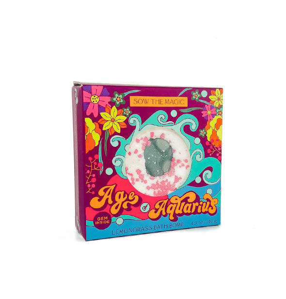 Age of Aquarius Lemongrass Bath Bomb packaging with colorful retro design and lettering