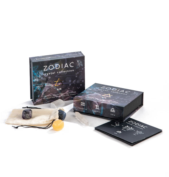 Box and components of the Zodiac Crystal Collection for Air signs