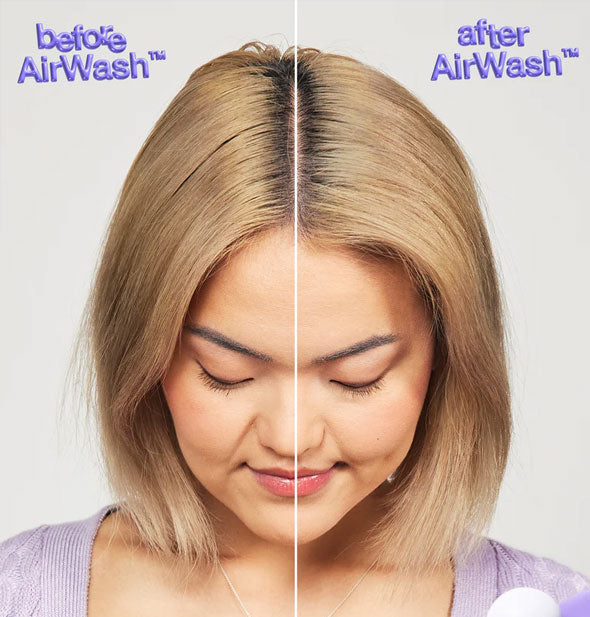 Side-by-side comparison of model's hair and roots before and after using K18 AirWash Dry Shampoo